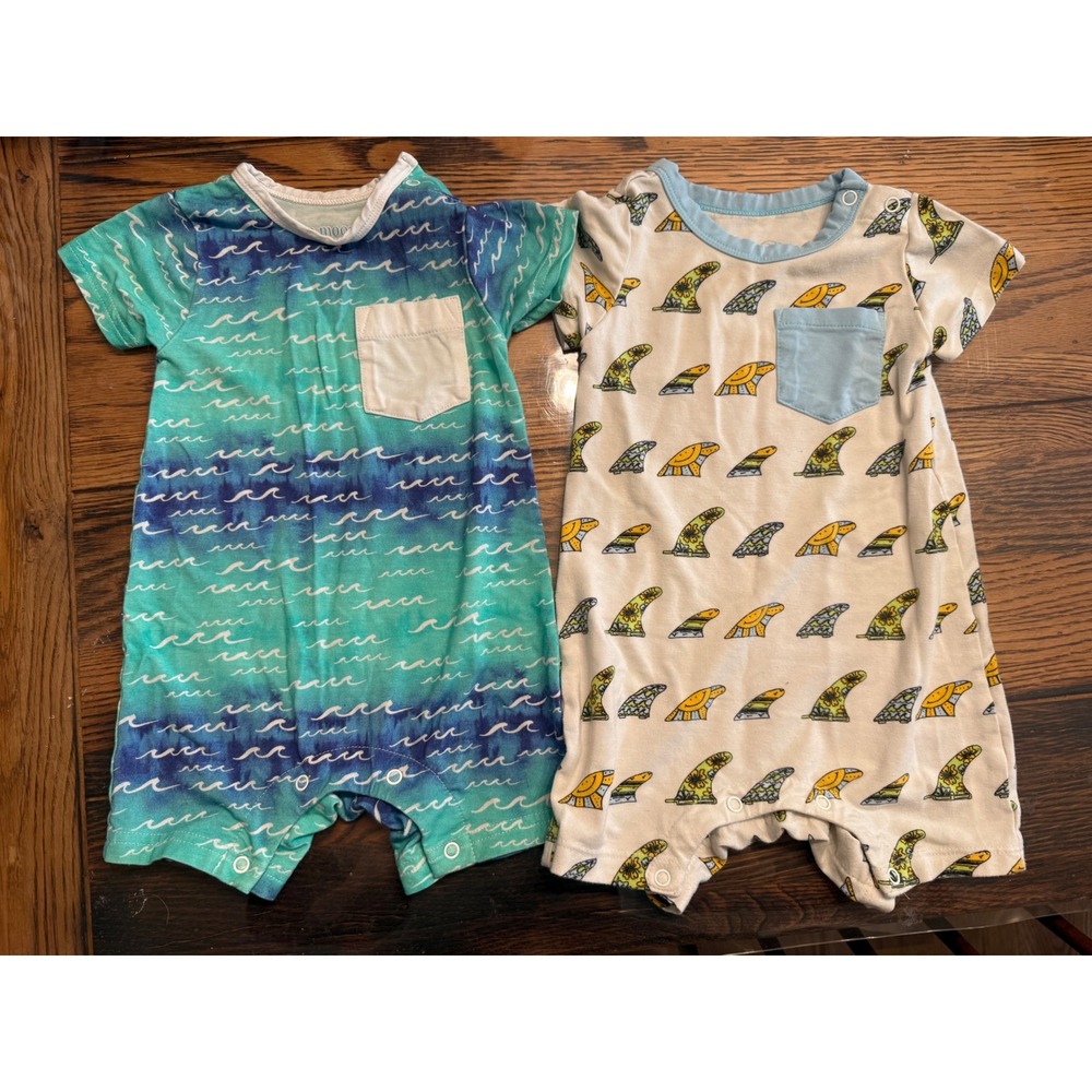 Coco Moon Bamboo Short Rompers Kids 0-6M Blue Teal Wave Surfboard Fin 2-Pack